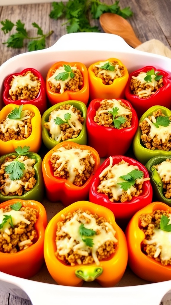 A baking dish filled with colorful stuffed bell peppers topped with cheese and garnished with parsley.